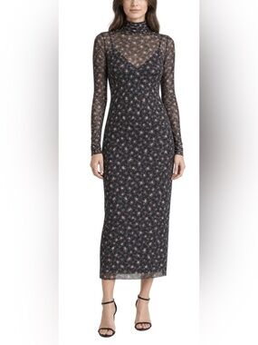 AFRM Black Pink Floral Sheer Mesh Turtleneck Midi Dress Small